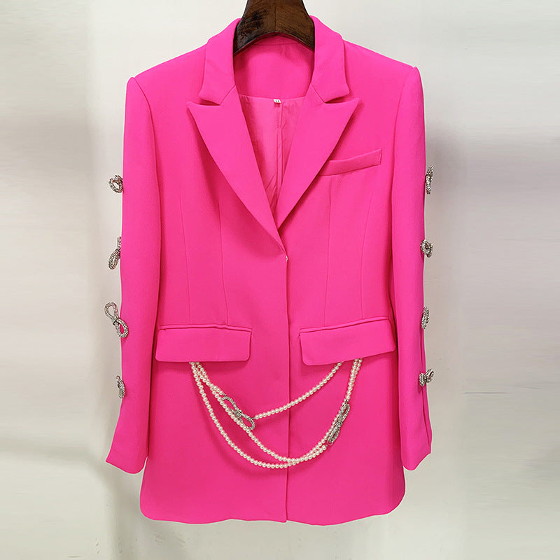 Dyed Fabric Dignified Sense of Design Sleeve Hollow Out Cutout Jeweled Bow Pearl Blazer Dress by Ragazza