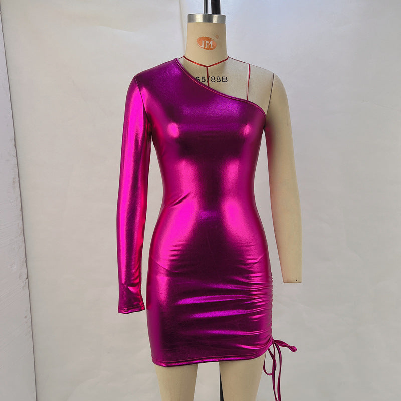 Metallic Coated Fabric Women Clothing Sexy Oblique Shoulder Waist Drawstring Bag Hip Dress Women Dress Nightclub by Ragazza
