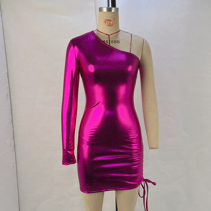 Metallic Coated Fabric Women Clothing Sexy Oblique Shoulder Waist Drawstring Bag Hip Dress Women Dress Nightclub by Ragazza