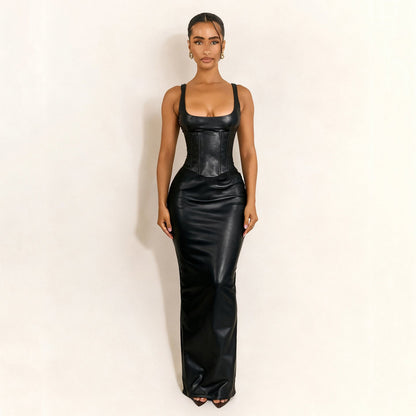 Women Clothing Square Collar Low Cut Drawstring Slim Fit Leather Dress Sexy Sheath Split Dress by Ragazza