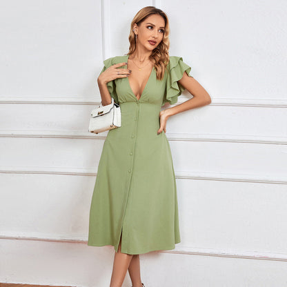 Spring Summer Women Clothing V neck Sexy Backless A line Midi Dress by Ragazza