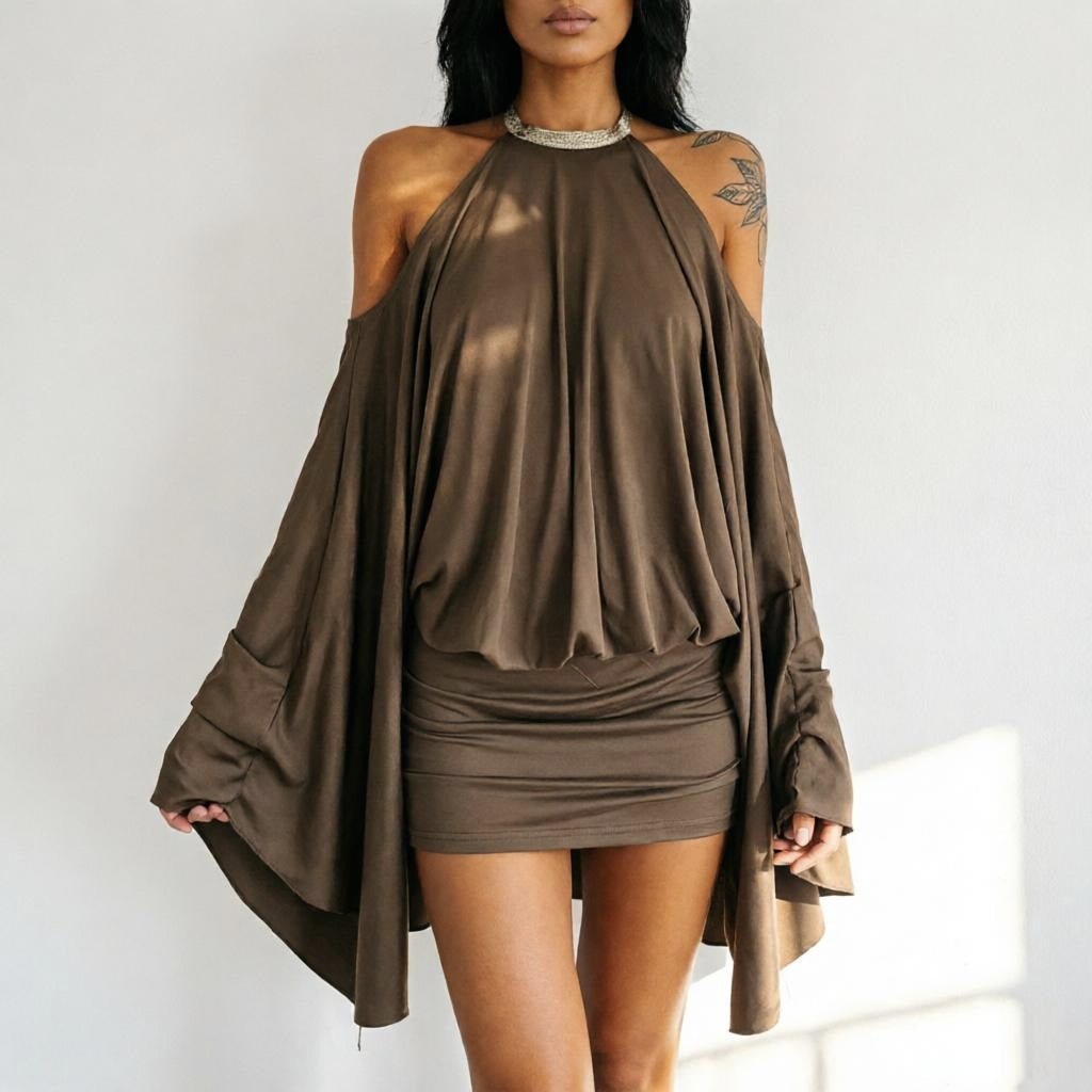 Sexy off Shoulder Backless Irregular Asymmetric Design Short Loose Batwing Sleeve Dress for Women  DestGlow
