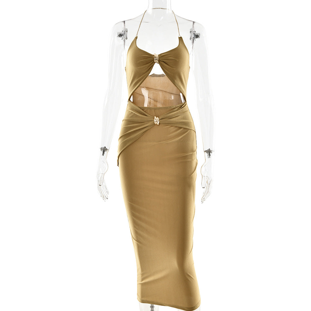 Summer Halter Cut out Dress Sexy Slim Solid Color Deep V Plunge Dress by Ragazza