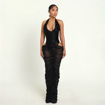 Autumn Winter Women Clothing Fashionable Sequ Stitching Sexy Mesh See through Ruffle Hip Dress by Ragazza