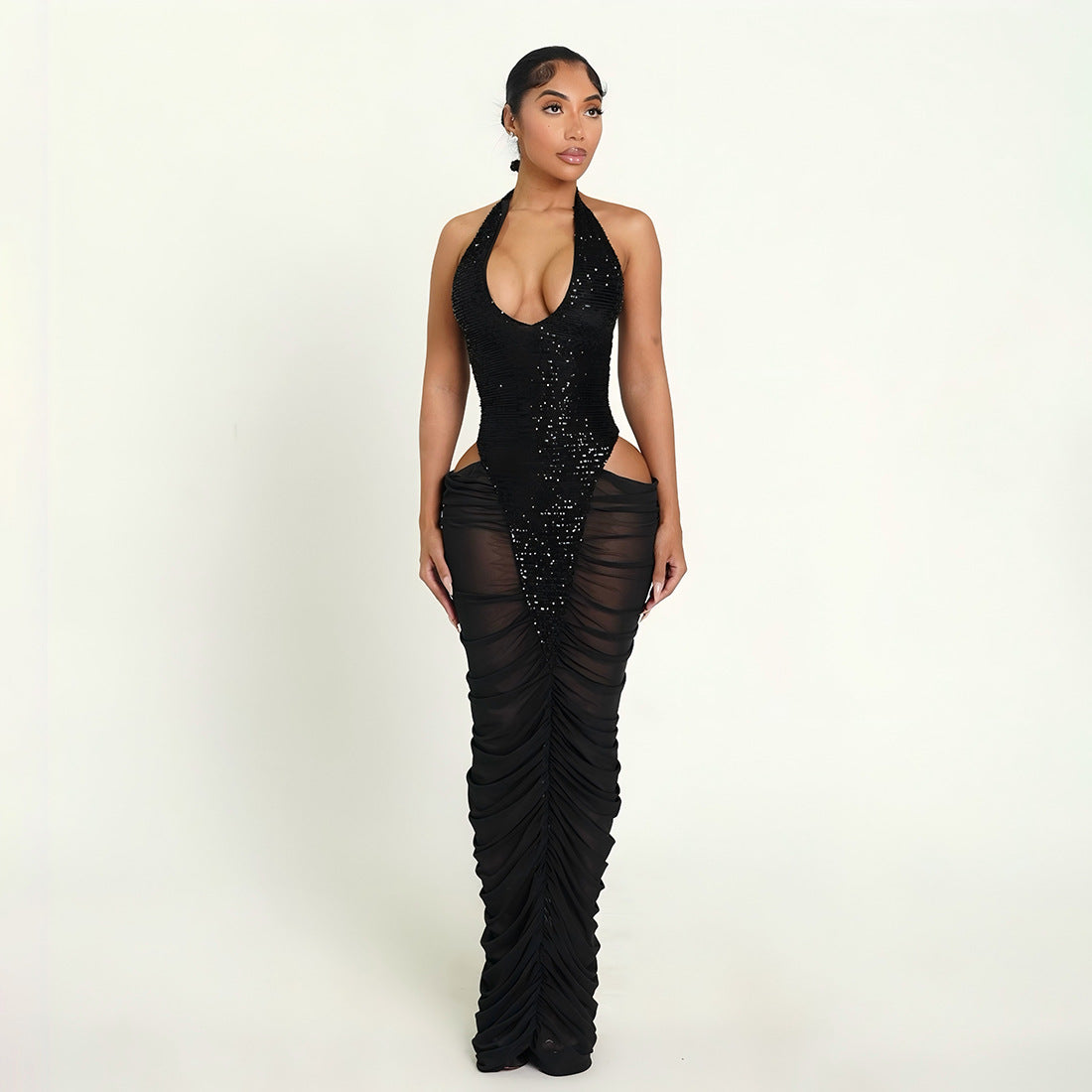 Autumn Winter Women Clothing Fashionable Sequ Stitching Sexy Mesh See through Ruffle Hip Dress by Ragazza