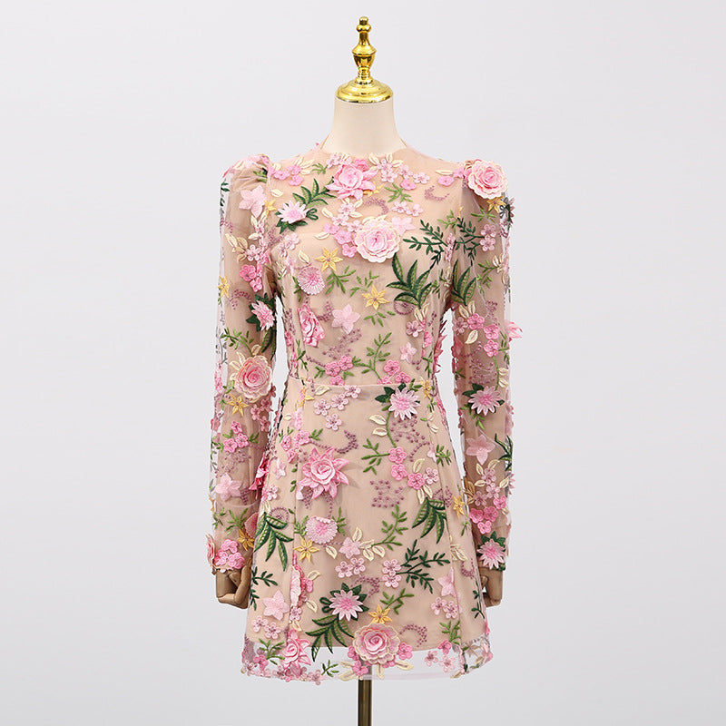 Heavy Industry Three Dimensional Floral Embroidered Slim Long Sleeve Short Dress Women by Ragazza