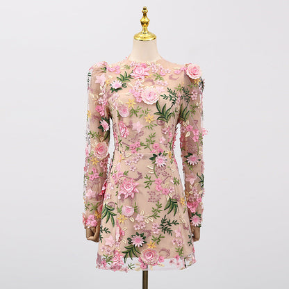 Heavy Industry Three Dimensional Floral Embroidered Slim Long Sleeve Short Dress Women by Ragazza
