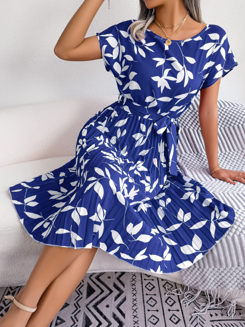 Spring Summer Casual Leaves Short Sleeve Large Swing Pleated Dress Women Clothing by Ragazza