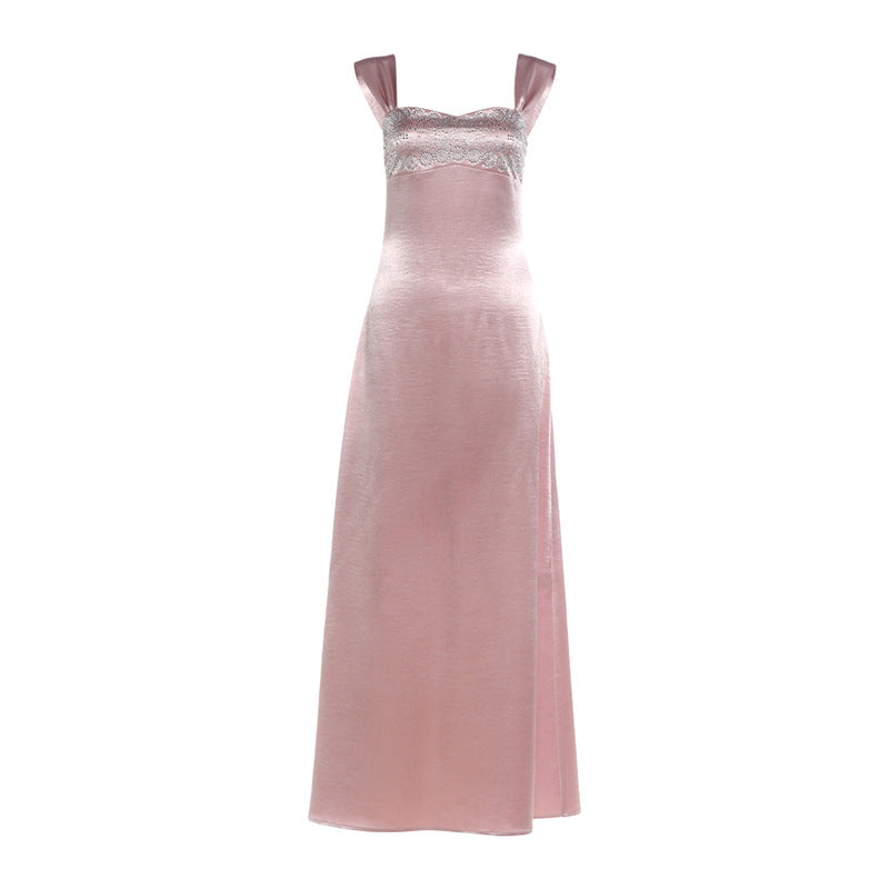 Autumn Winter Women Elegant Strap Tube Top Backless Rhinestone Waist Tight Maxi Dress for Women by Ragazza