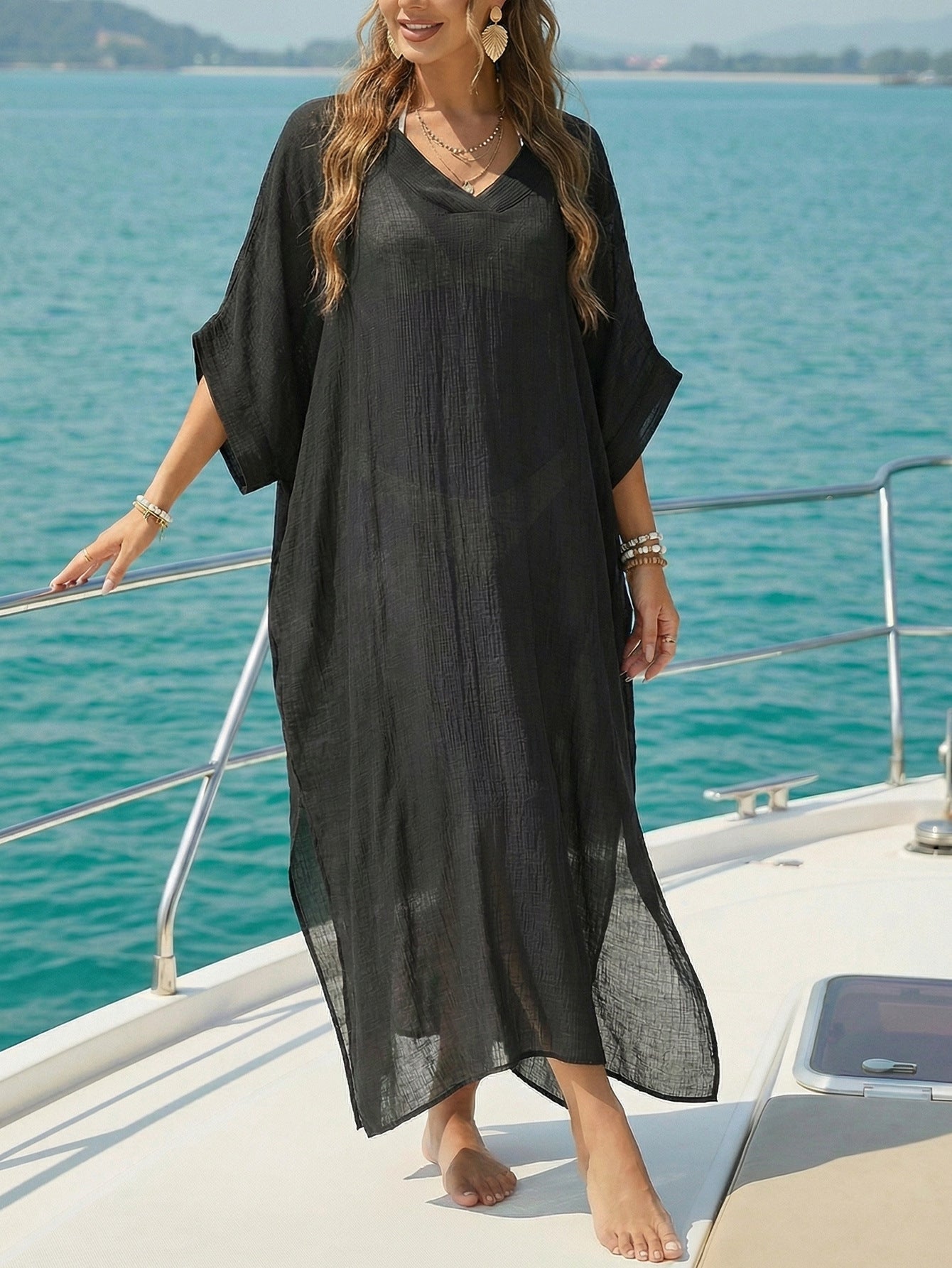 Women Beach Cover up Summer Women V neck Loose Casual Dress Split Mop Dress by Ragazza