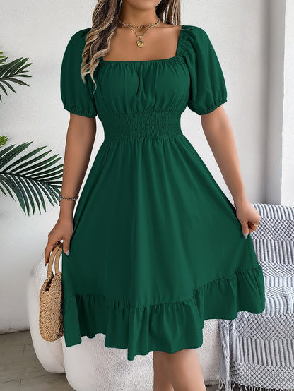 Spring Summer Casual Square Collar Short Sleeve Waist Trimming Ruffles A line Dress Women Clothing by Ragazza