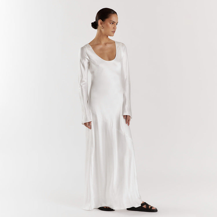 Autumn Winter Maxi Dress Women Solid Color Satin Round Neck Long Sleeve Loose Casual Dress by Ragazza