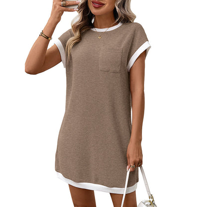 Summer Women Solid Color Casual Contrast Color Short Sleeve Pocket Dress by Ragazza