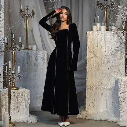 Autumn Winter Party Dress French Ladies Dress Korean Velvet Bell Sleeve Square Collar A line Dress Women by Ragazza