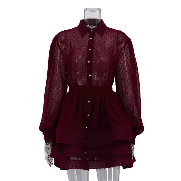 Short A Word Dress Women Elegant Collared Long Sleeve Single Breasted Lace up Shirt Dress by Ragazza