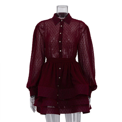 Short A Word Dress Women Elegant Collared Long Sleeve Single Breasted Lace up Shirt Dress by Ragazza