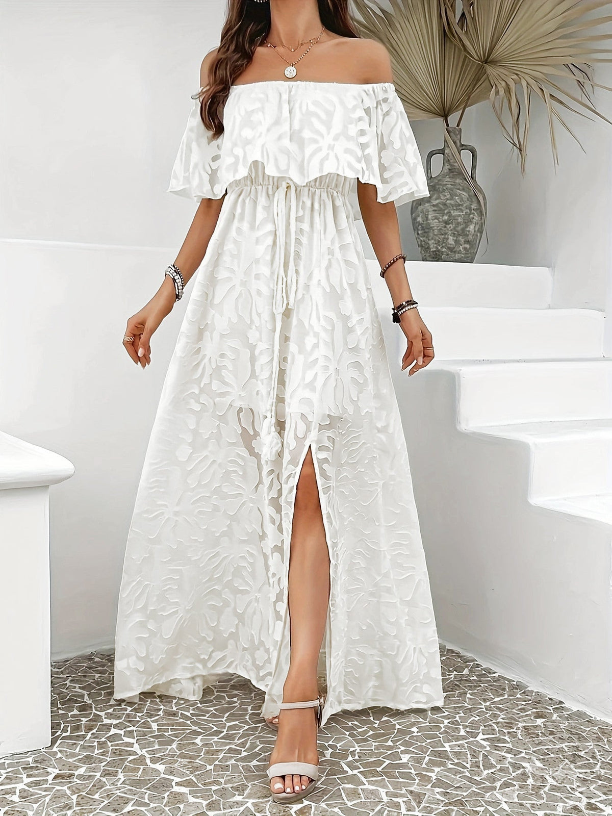 Women Clothing Elegant off Shoulder Split Long Jacquard Dress  DestGlow