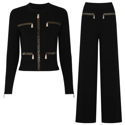 Spring Autumn Rhinestone Knitted Net Red Casual Jacket Pants Two Piece Sets by Ragazza