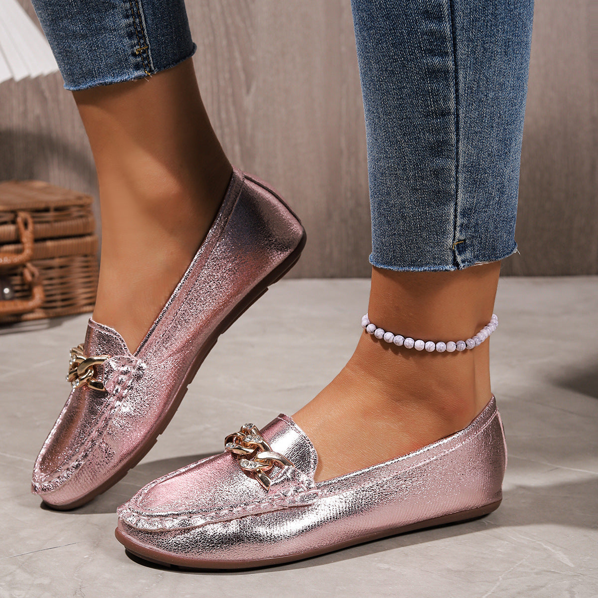 Autumn Slip on Flat Gommino Women round Head Metal Chain Casual Pumps  DestGlow