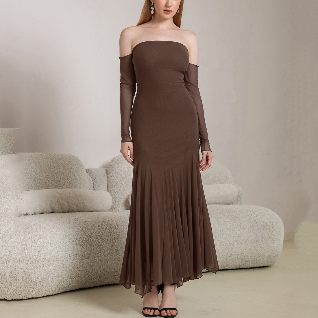 Autumn Winter Mesh Long Sleeve off Shoulder Dress Sexy Backless Ruffle Hip Irregular Asymmetric Maxi Dress by Ragazza