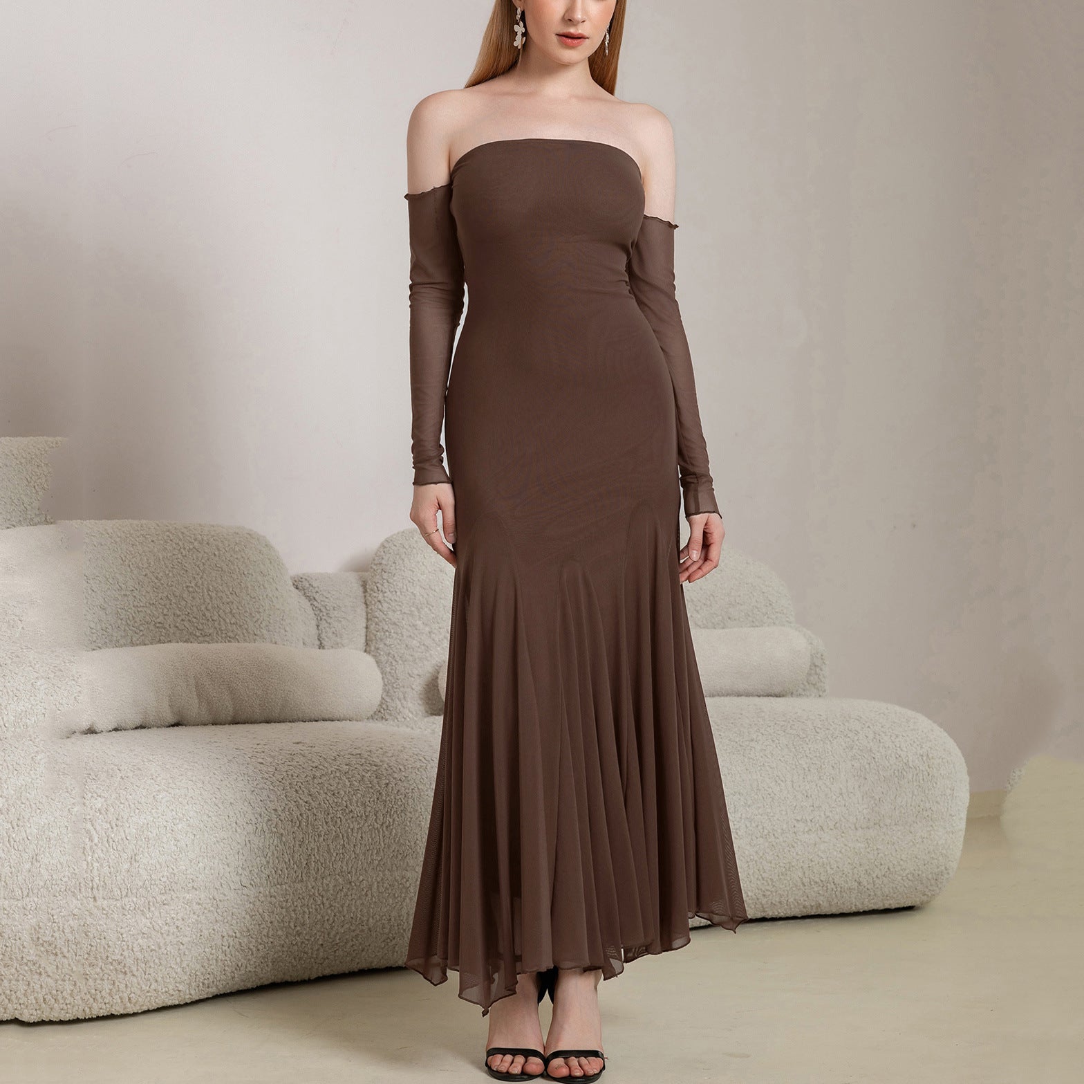 Autumn Winter Mesh Long Sleeve off Shoulder Dress Sexy Backless Ruffle Hip Irregular Asymmetric Maxi Dress by Ragazza
