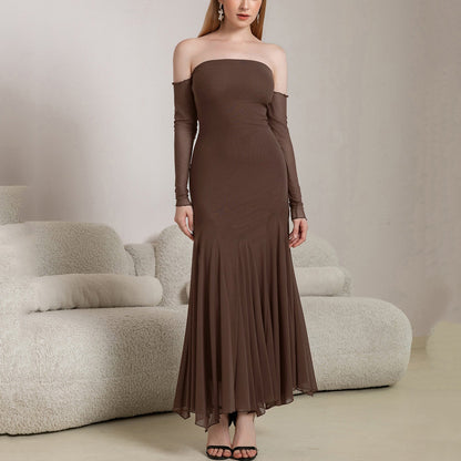 Autumn Winter Mesh Long Sleeve off Shoulder Dress Sexy Backless Ruffle Hip Irregular Asymmetric Maxi Dress by Ragazza