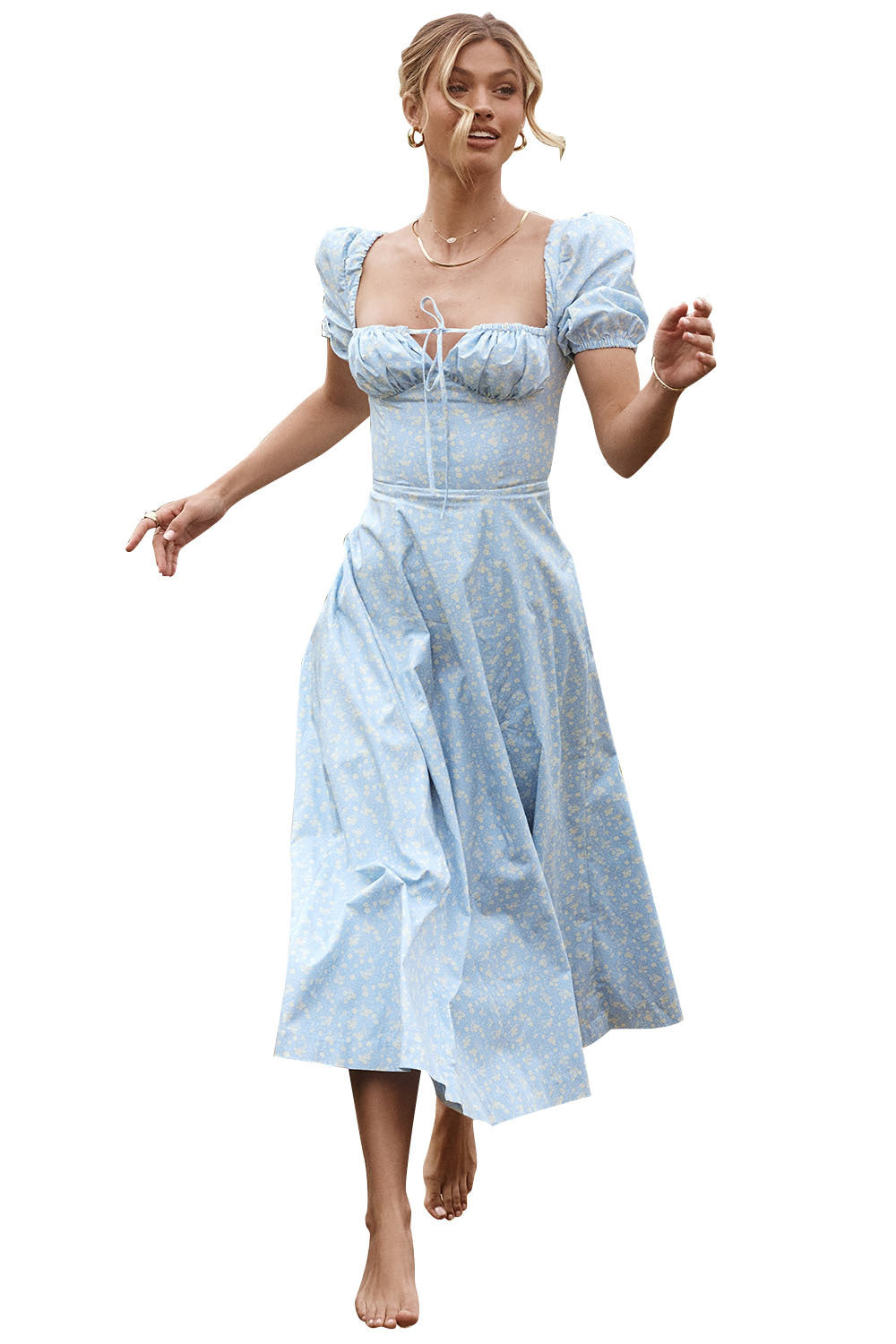 Women Summer Top Product Puff Sleeve Floral Tie Neck High Slit Women Dress Summer by Ragazza