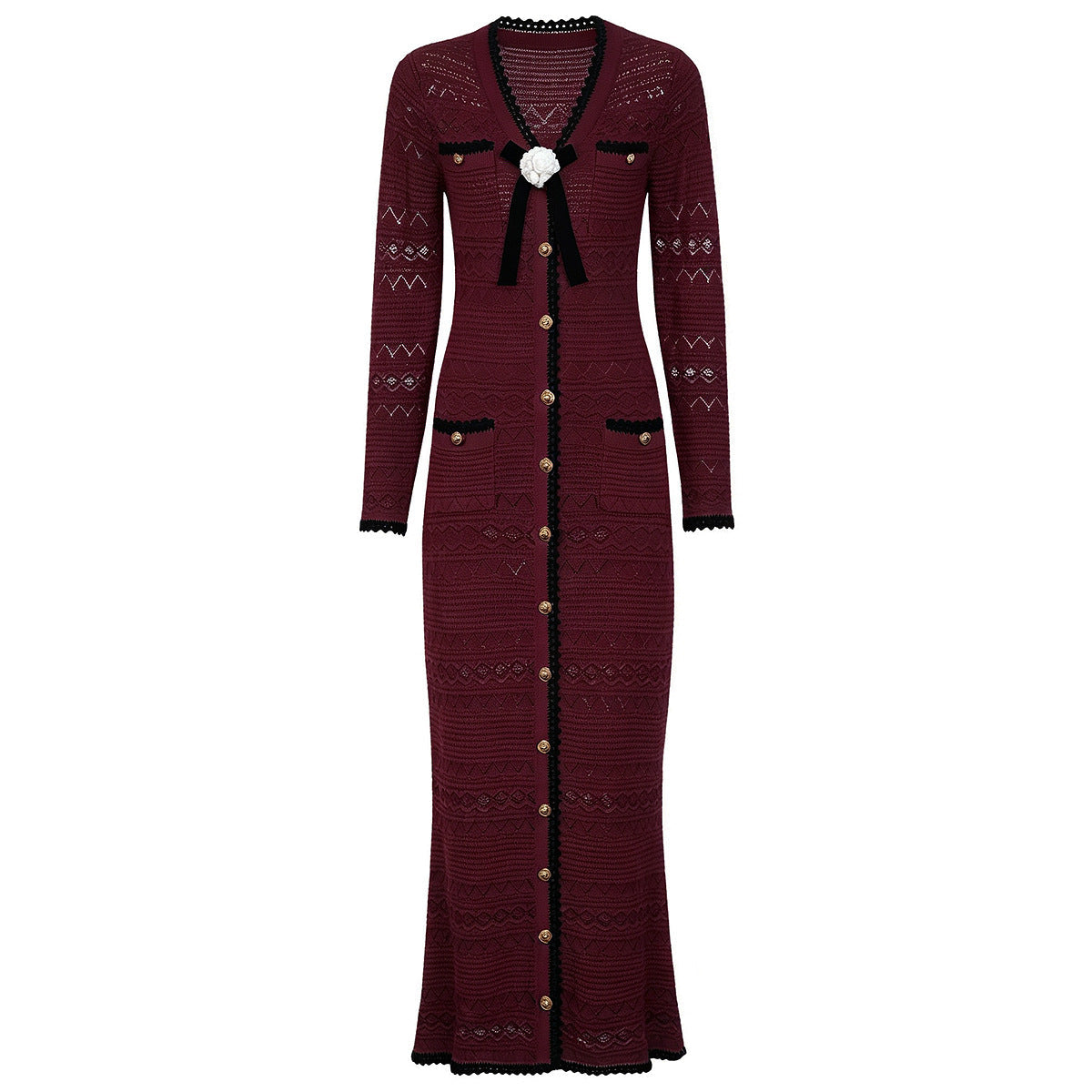 Spring Autumn Fashionable Knitted V neck Floral Slim Fit Slimming Long Sleeves Dress Women  DestGlow