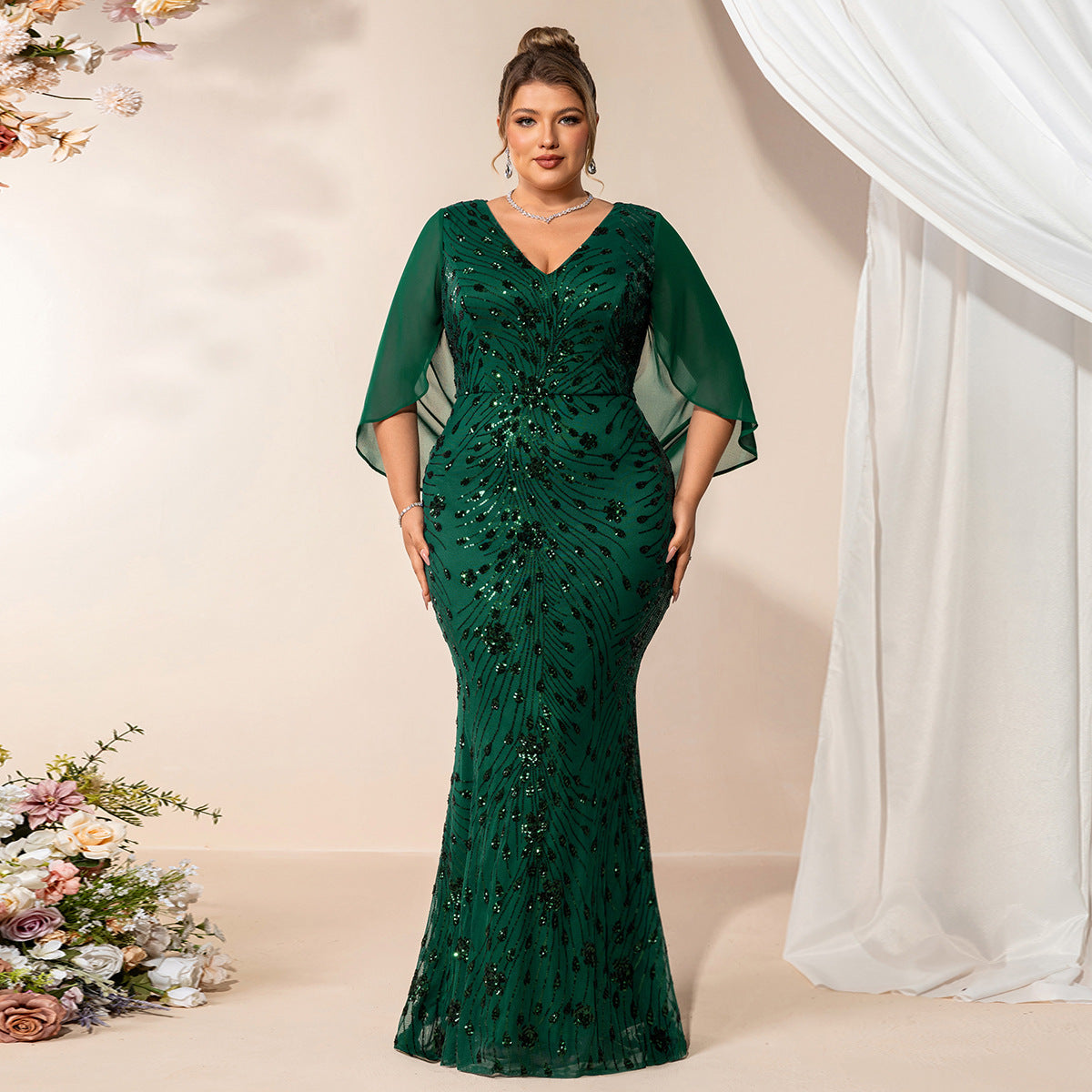Plus Size Summer Autumn V neck Stretch Sequined Short Sleeve Shawl Ribbon Evening Dress Fishtail Dress
