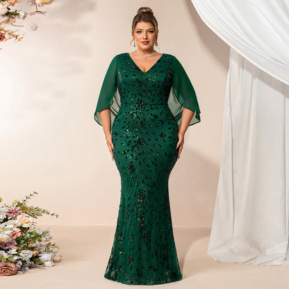 Plus Size Summer Autumn V neck Stretch Sequined Short Sleeve Shawl Ribbon Evening Dress Fishtail Dress