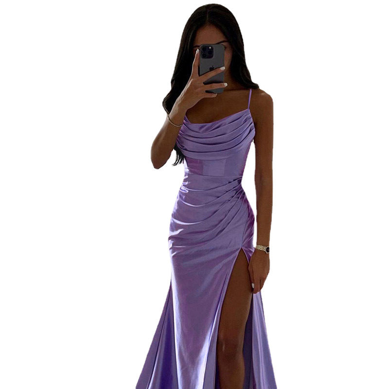 Women Spring Tube Top Pleated Slit Satin Dress Sexy Slim Hip Dress by Ragazza