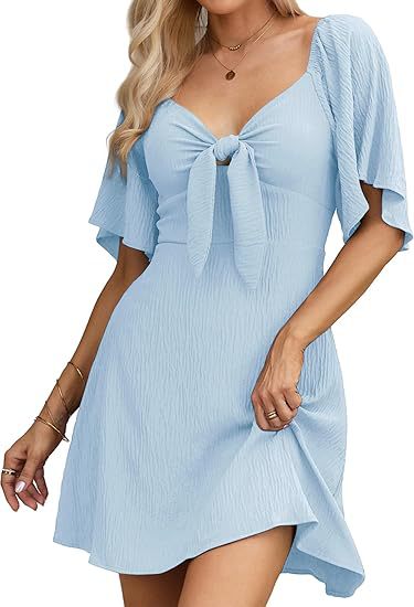 Women Clothing Shein V Neck Bow Lace Up Short Sleeve Mini Dress by Ragazza