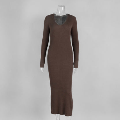 Solid Color Long Sleeve Dress Women Autumn Winter Elegant V neck Slim Hip Knitwear Dress by Ragazza