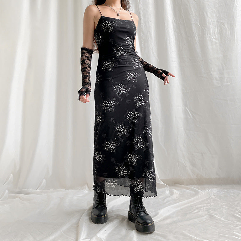 French Retro Elegant Adult Lady Woman Floral Print Maxi Dress Mesh Wooden Ear Off Neck Slim Strap Long One Step Dress by Ragazza