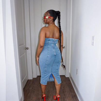 Women Clothing Sexy Slim Fit Stitching Tube Top Denim Dress for Women by Ragazza