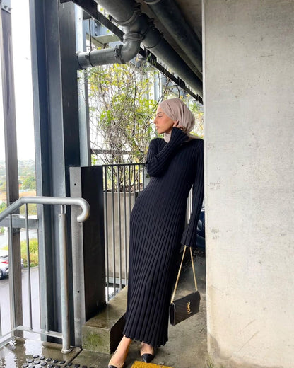 Autumn Winter Knitted Dress Casual Waist Tight Round Neck Big Pit Stripe Slimming Knitted Maxi Dress Women by Ragazza