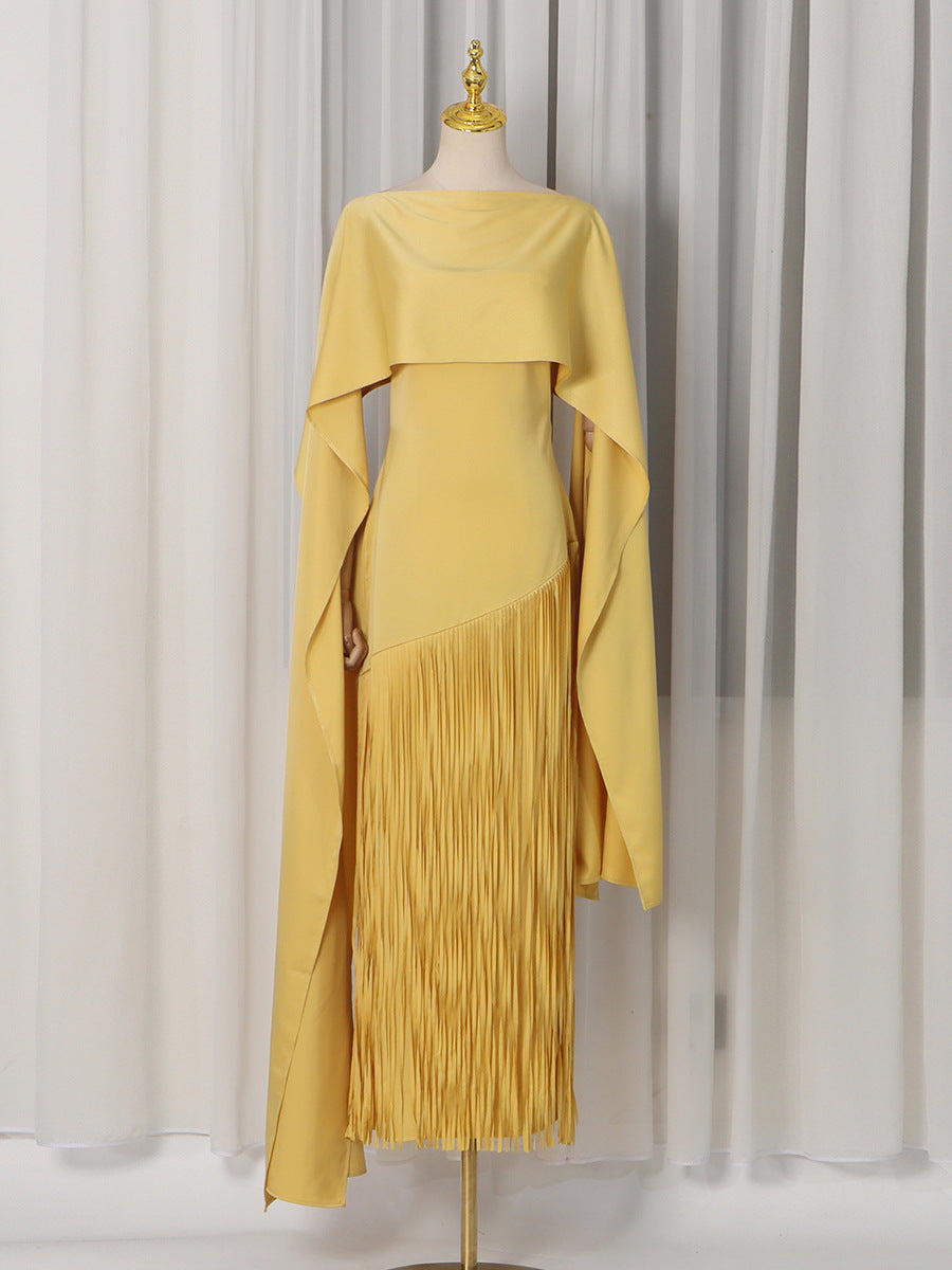 Spring Elegant Retro Faux Two Piece Long Skirt Shawl Design Tassel Dress Swing Dress Women by Ragazza