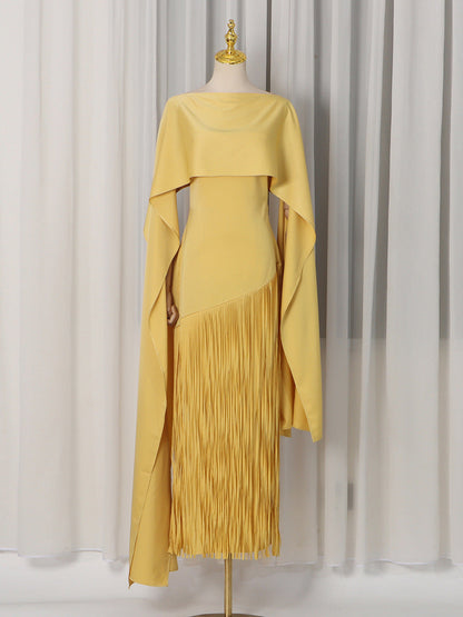 Spring Elegant Retro Faux Two Piece Long Skirt Shawl Design Tassel Dress Swing Dress Women by Ragazza
