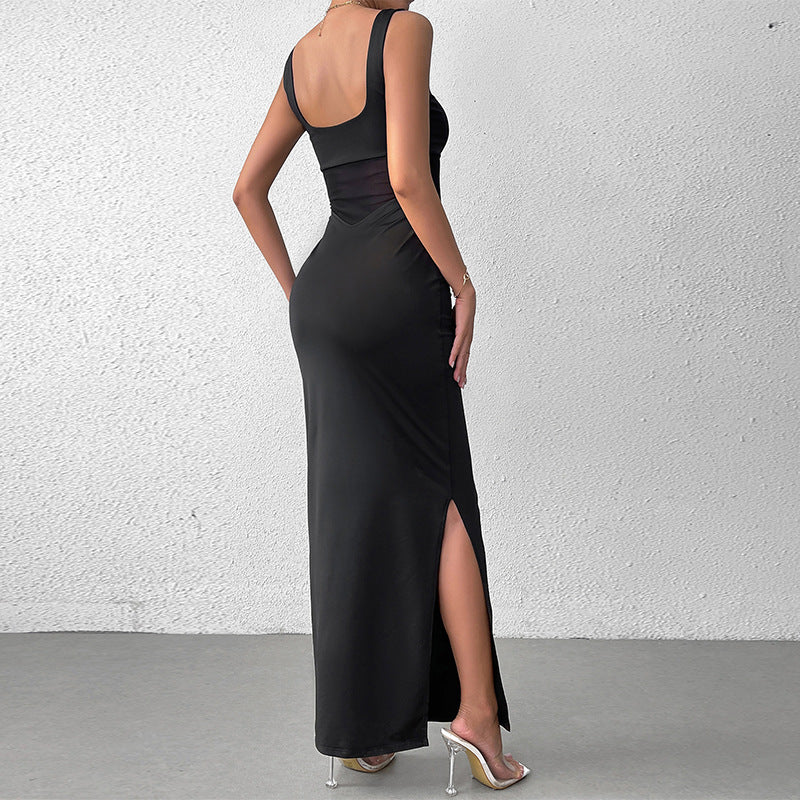 Milk Silk Stitching Mesh Cami Dress Sexy Split Backless Formal Dress Maxi Dress by Ragazza