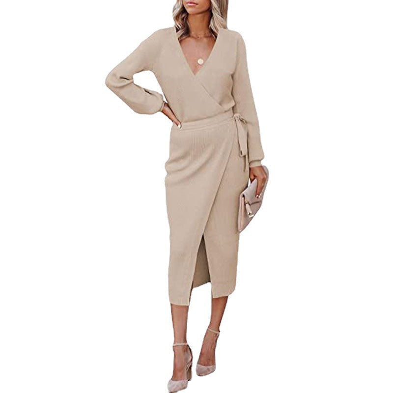 Autumn Winter Women Clothing Maxi Dress Elegant Graceful V-neck Knitted Dress  DestGlow