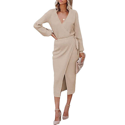 Autumn Winter Women Clothing Maxi Dress Elegant Graceful V-neck Knitted Dress  DestGlow