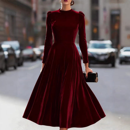 Women Clothing Spring Summer round Neck Korean Velvet Elegant Long Sleeved Dress by Ragazza