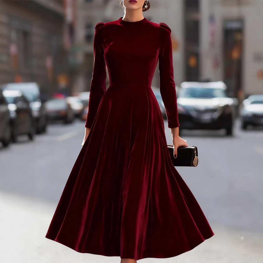Women Clothing Spring Summer round Neck Korean Velvet Elegant Long Sleeved Dress by Ragazza