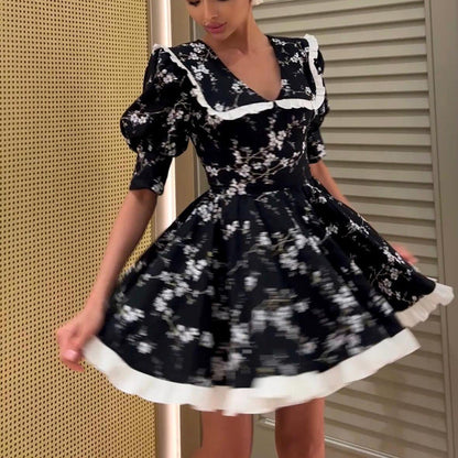 Women Digital Printed Peter Pan Collar Puff Sleeve High Waist Contrast Color A line Dress by Ragazza