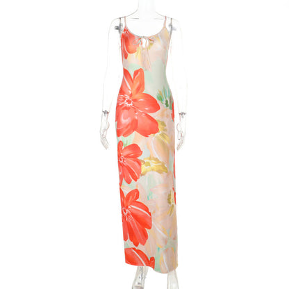 Sexy Suspenders Hollow Out Cutout Print Backless Dress Women Vacation Sexy Dress by Ragazza