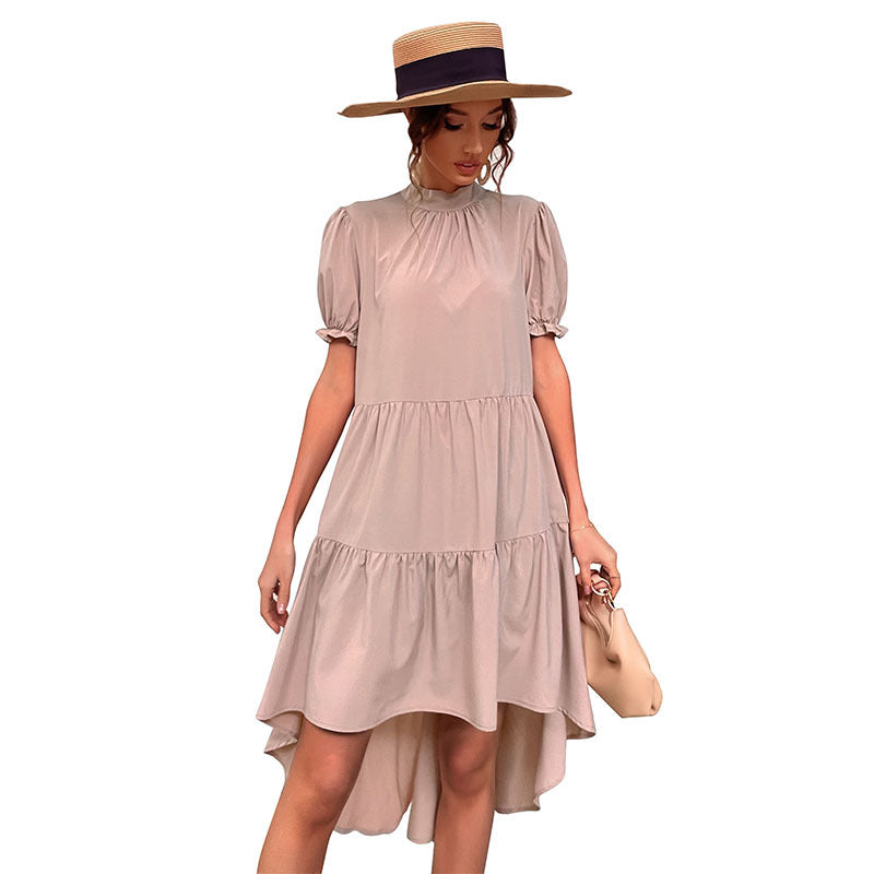 High Waist Solid Color Irregular Asymmetric Loose Pleated Dress Casual Babydoll Dress by Ragazza