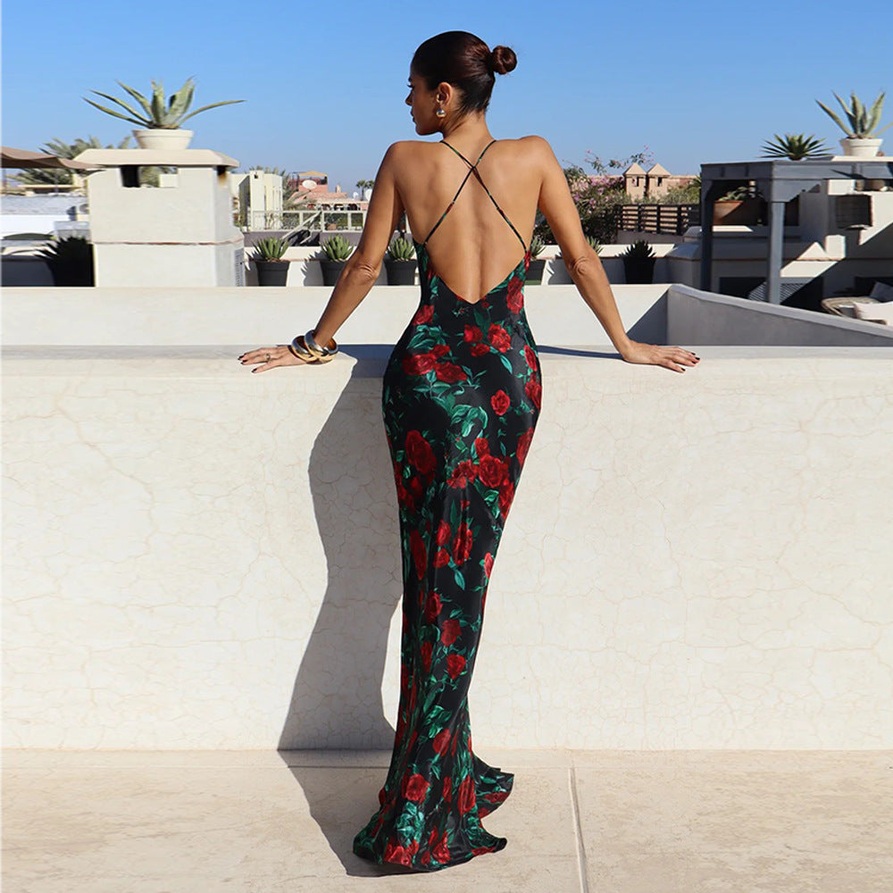 Spring Summer Sexy Dress Strap Backless Deep V Plunge Printed Sexy Slim Dress by Ragazza