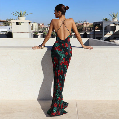 Spring Summer Sexy Dress Strap Backless Deep V Plunge Printed Sexy Slim Dress by Ragazza