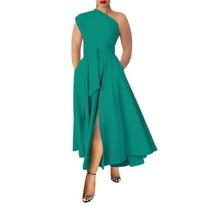 Summer Women Wear Sleeveless Diagonal Collar Solid Color Waist Tight Swing Dress by Ragazza