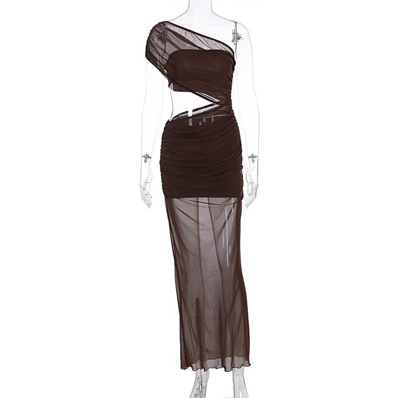 Women Clothing Summer Sexy off Shoulder Gauze Hollow Out Cutout Slim Fit Pleated See through Dress by Ragazza